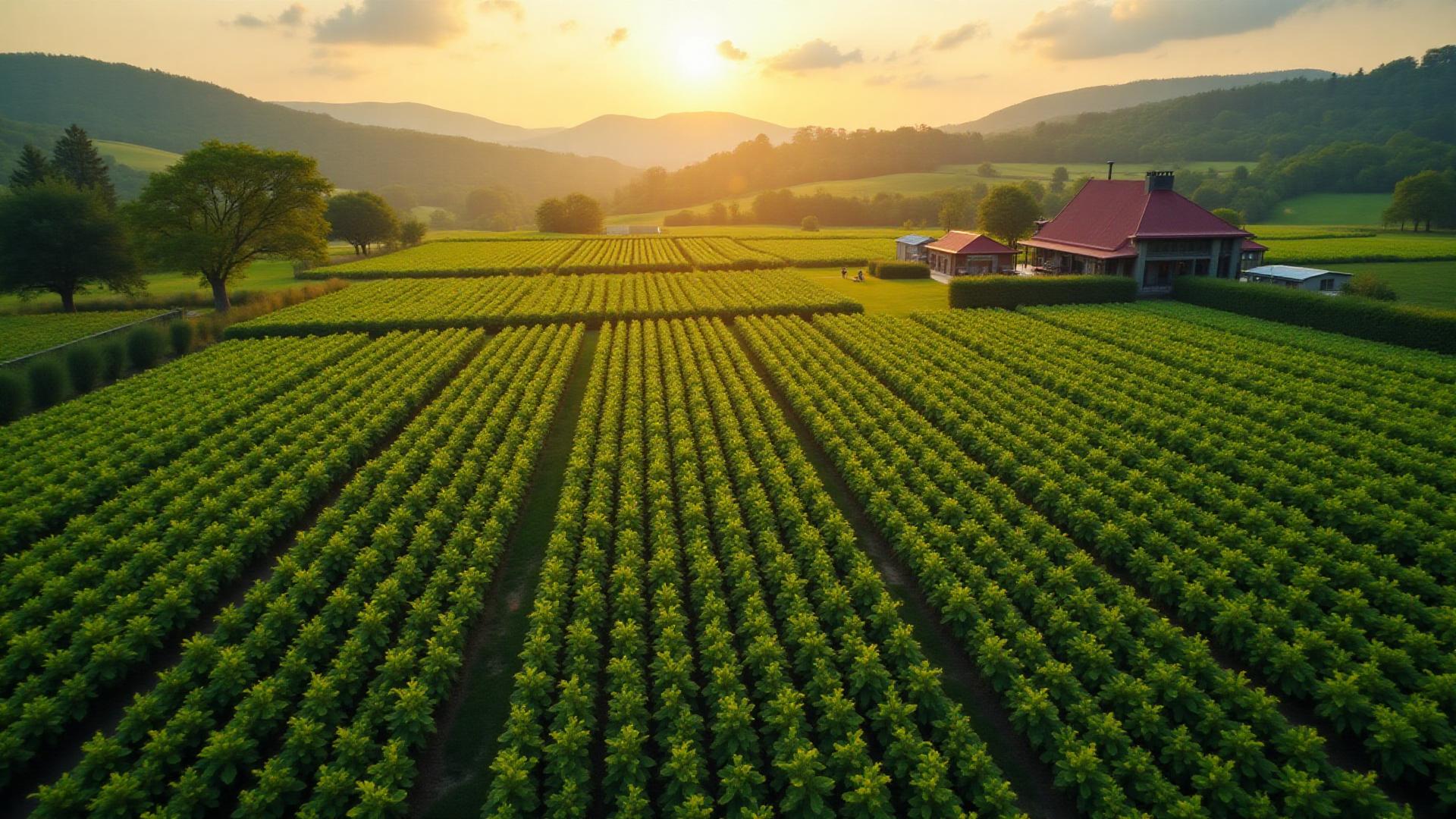 A vast green farm field under a clear sky